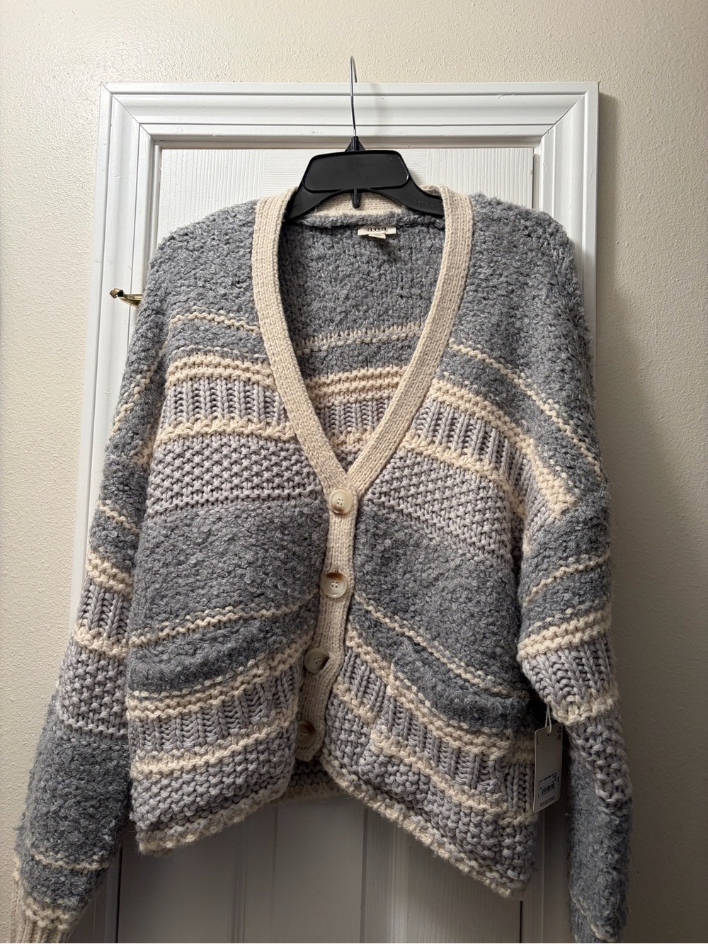Cozy Blue and Cream Knit Button-Front Women's Sweater